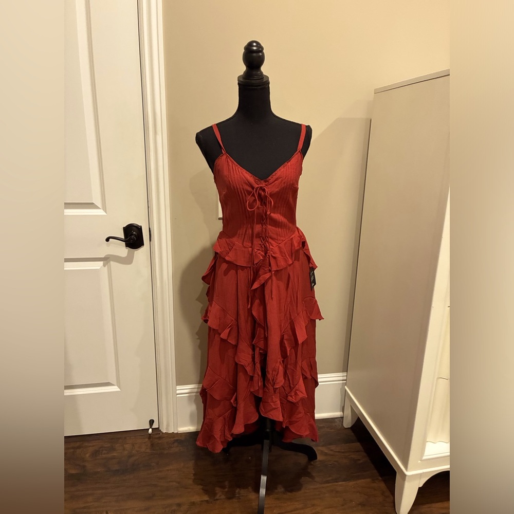 Lulus Boho Country ruffled Rusty Red maxi dress